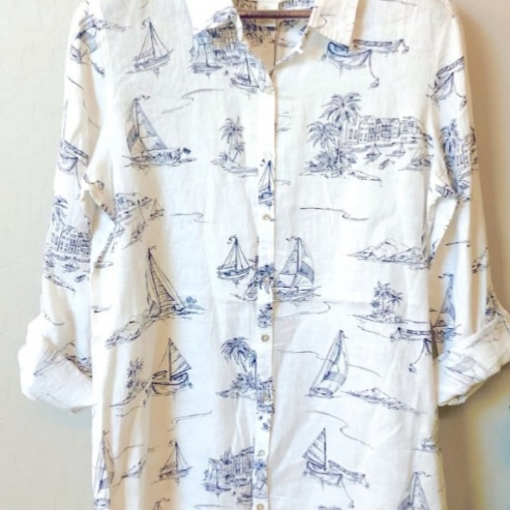 Cynthia Rowley NWT 100% Linen Blue / White Nautical Print Pearl Shell Buttons Lg